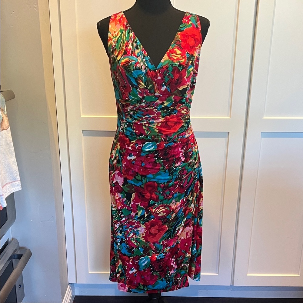 Ralph Lauren V-Neck Sleeveless Floral Midi Dress in Red, Green, Blue